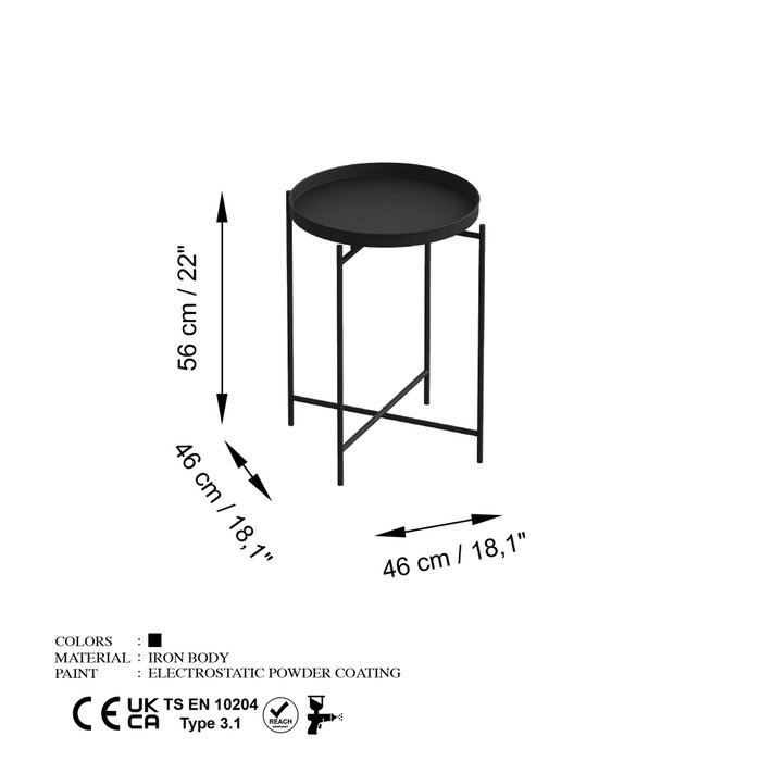Hanah Home SHB-007 Mesa de centro de metal negra para salón, estilo moderno, 46x56x46 cm